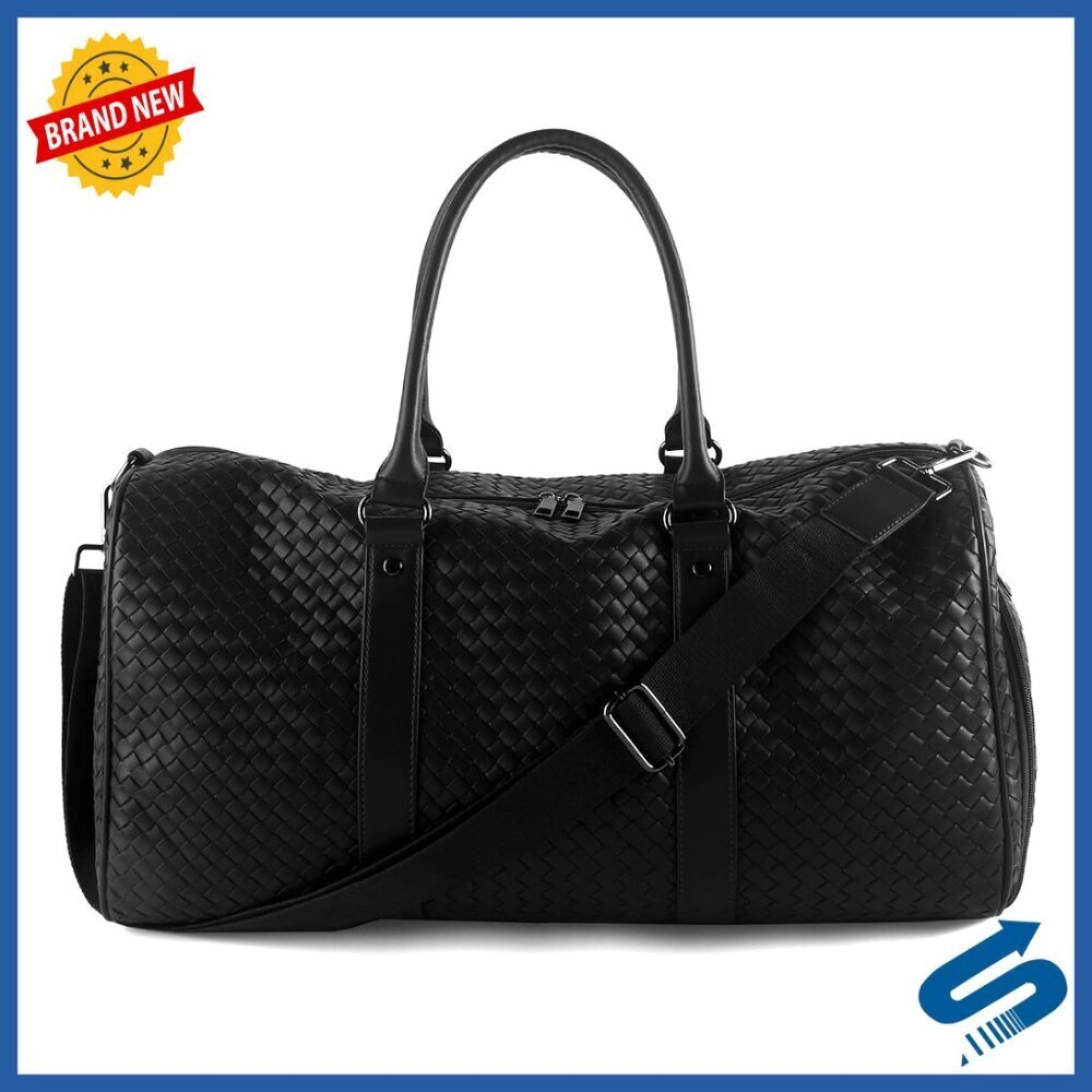 Large Woven Leather Travel Duffel Bag with Shoe Compartment, Water-Resistant